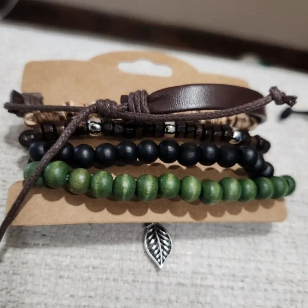 Nwt Unisex Multi-Layered Bracelet Set - Brown, Black, Green